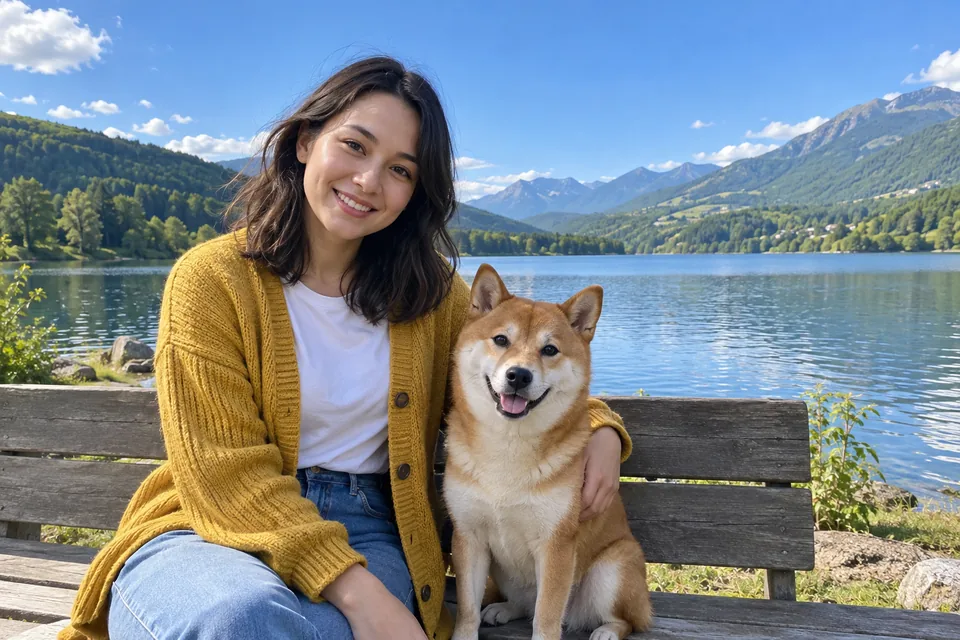 元の写真（AIで作った架空の女性と柴犬が、湖のほとりのベンチに座る写真）