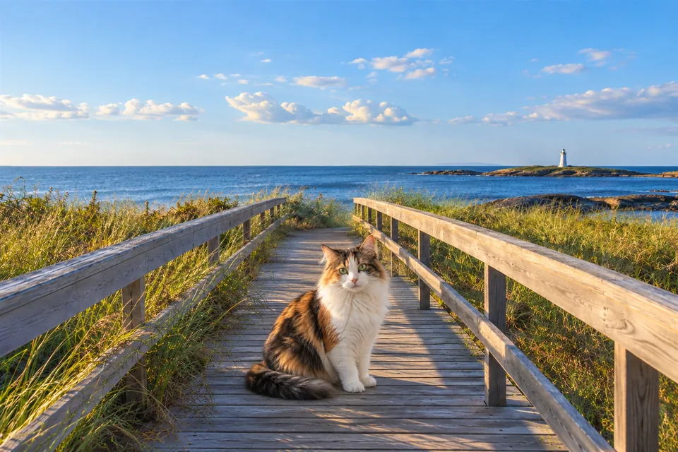 完成：海辺の遊歩道に三毛猫が入った見本